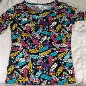 LuLaRoe Yellow and Blue Graphic Fitted 3/4 Sleeve Tee